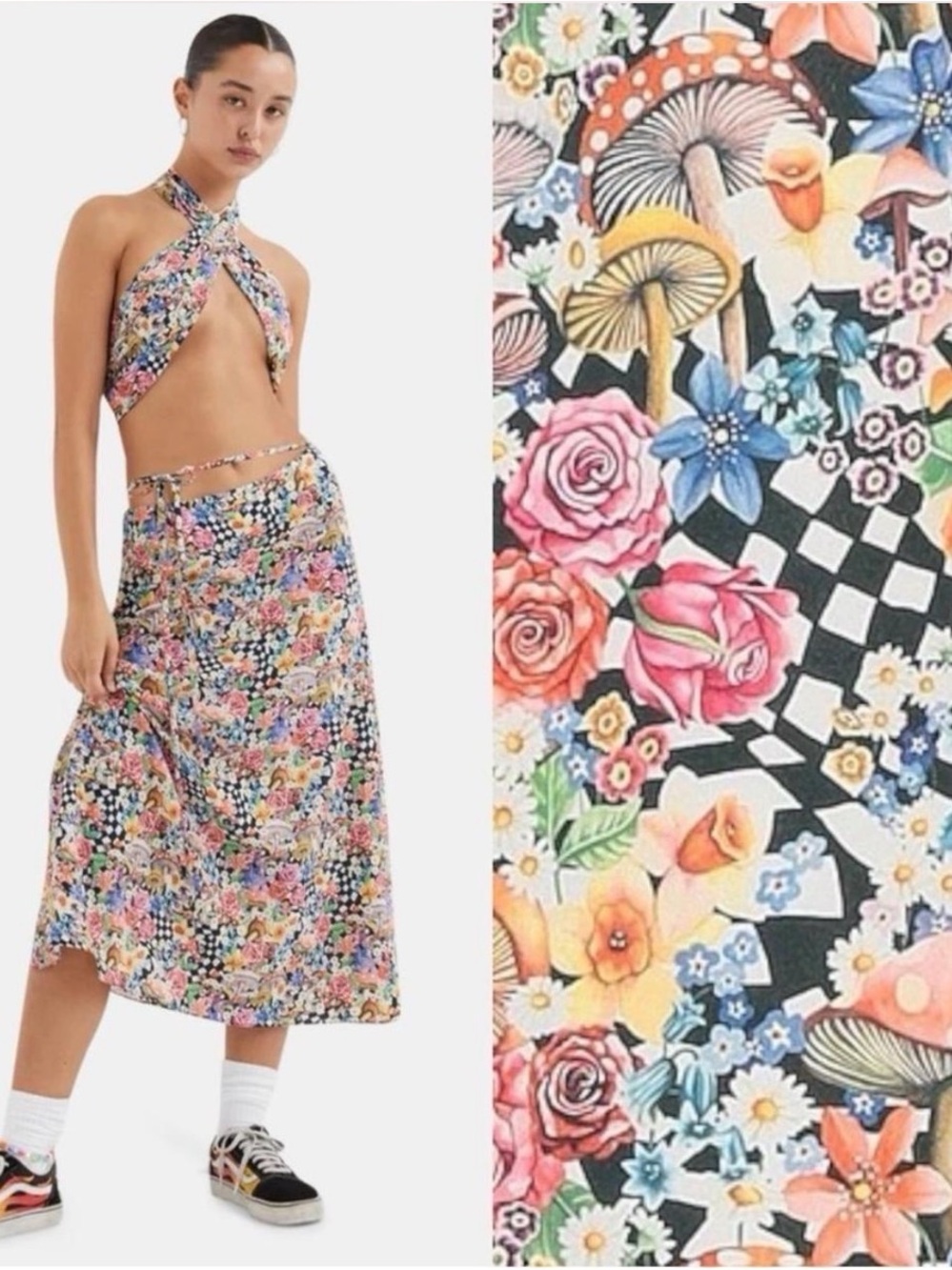 For Love And Lemons Multicolor Floral Mosaic Midi Skirt